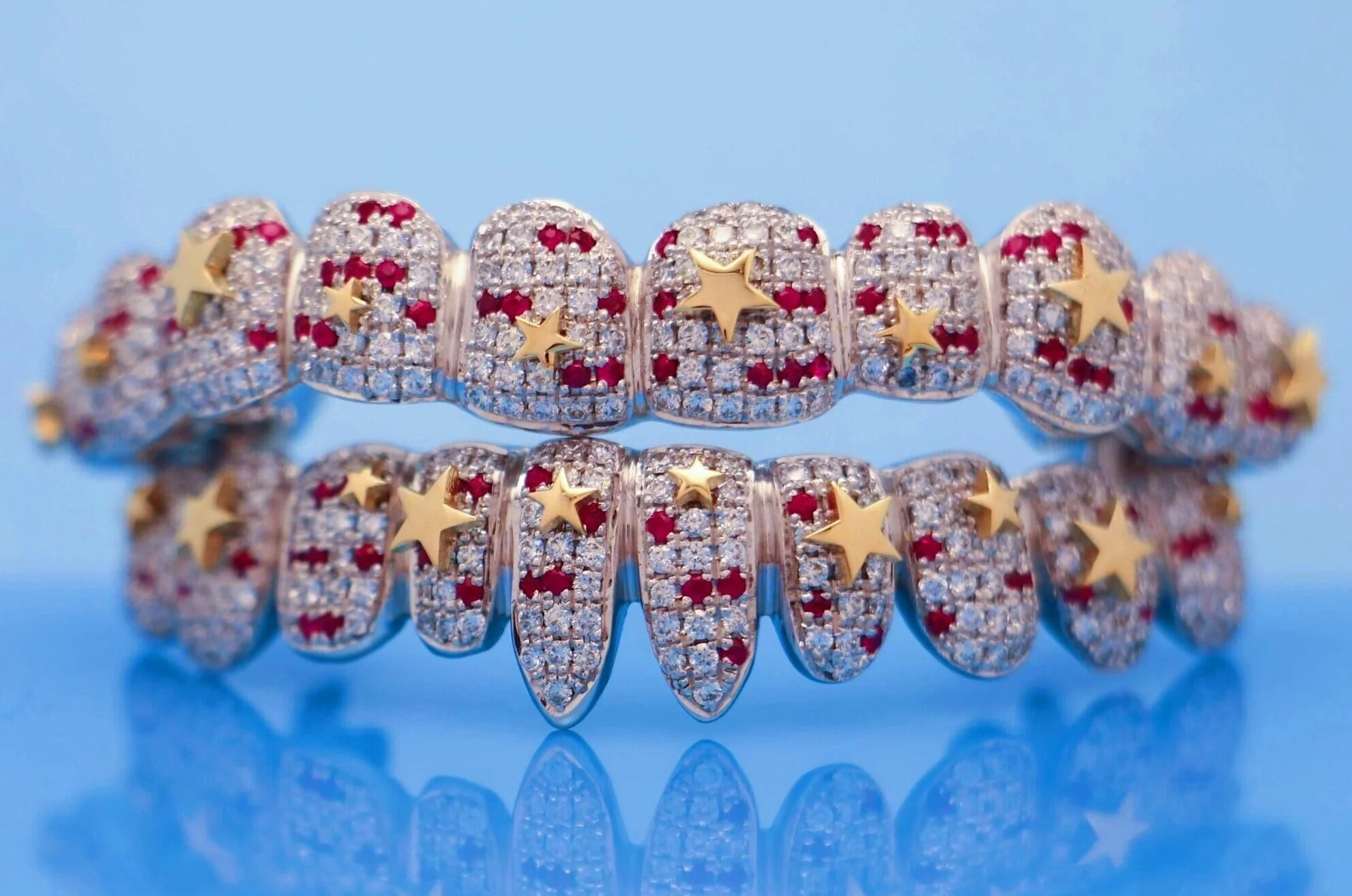 Diamond / Ruby & 18K Yellow Gold Stars Set in 14k white gold 