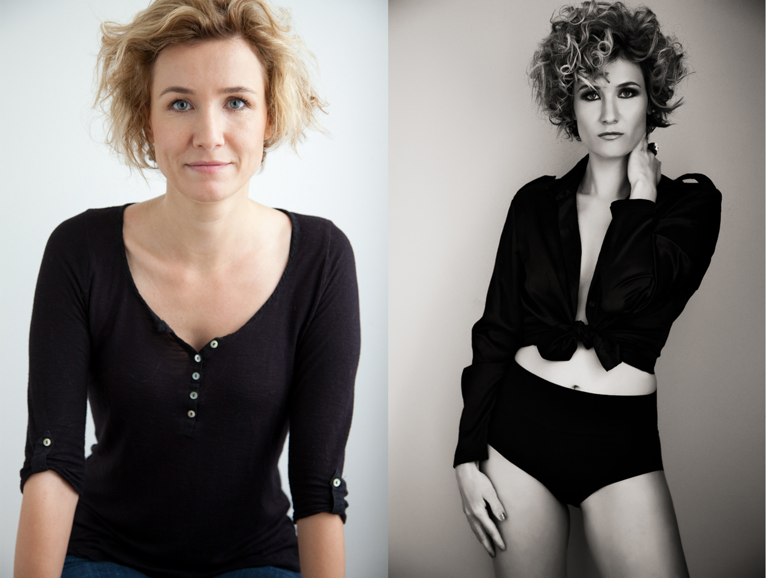 Before makeover and after professional hair and makeup photo or female model with short curly hair