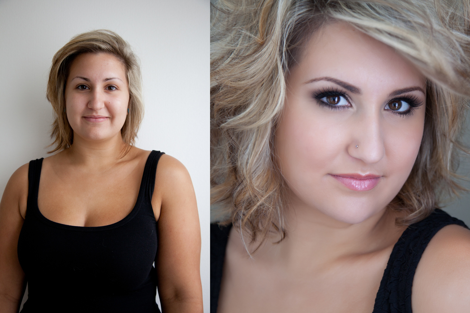 Before and after photo of woman with brown bob hair