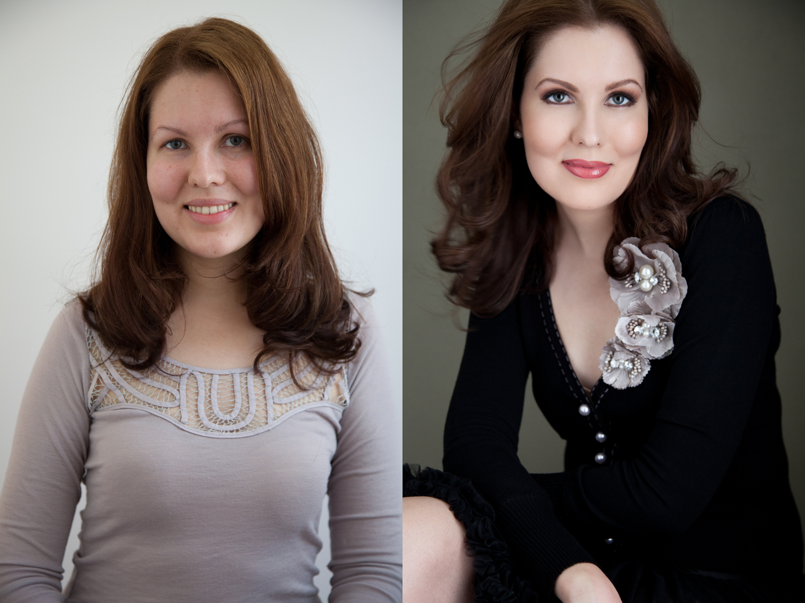 Before professional makeover and after  woman with brown hair 