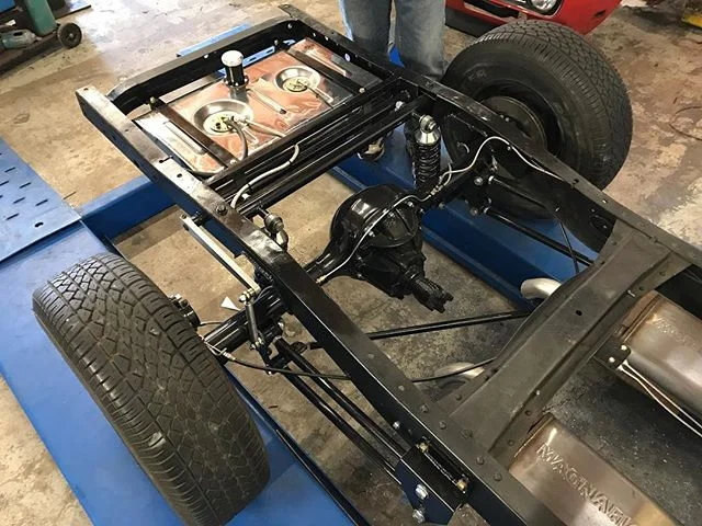 Nick wrapping up this F100 chassis, 4-link with coil overs, 9", disk brakes, and a stainless steel EFI fuel tank. We have some sheet metal work to do next and then this truck is off to paint.