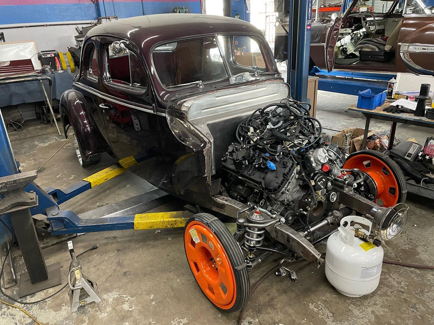 One of our current builds, &lsquo;40 Ford that was in a fire, modernizing it through the rebuild process with a new gen3 coyote, mustang II from @heidtssuspensions @vintageair_ @american.autowire @guniwheel @directsheetmetal