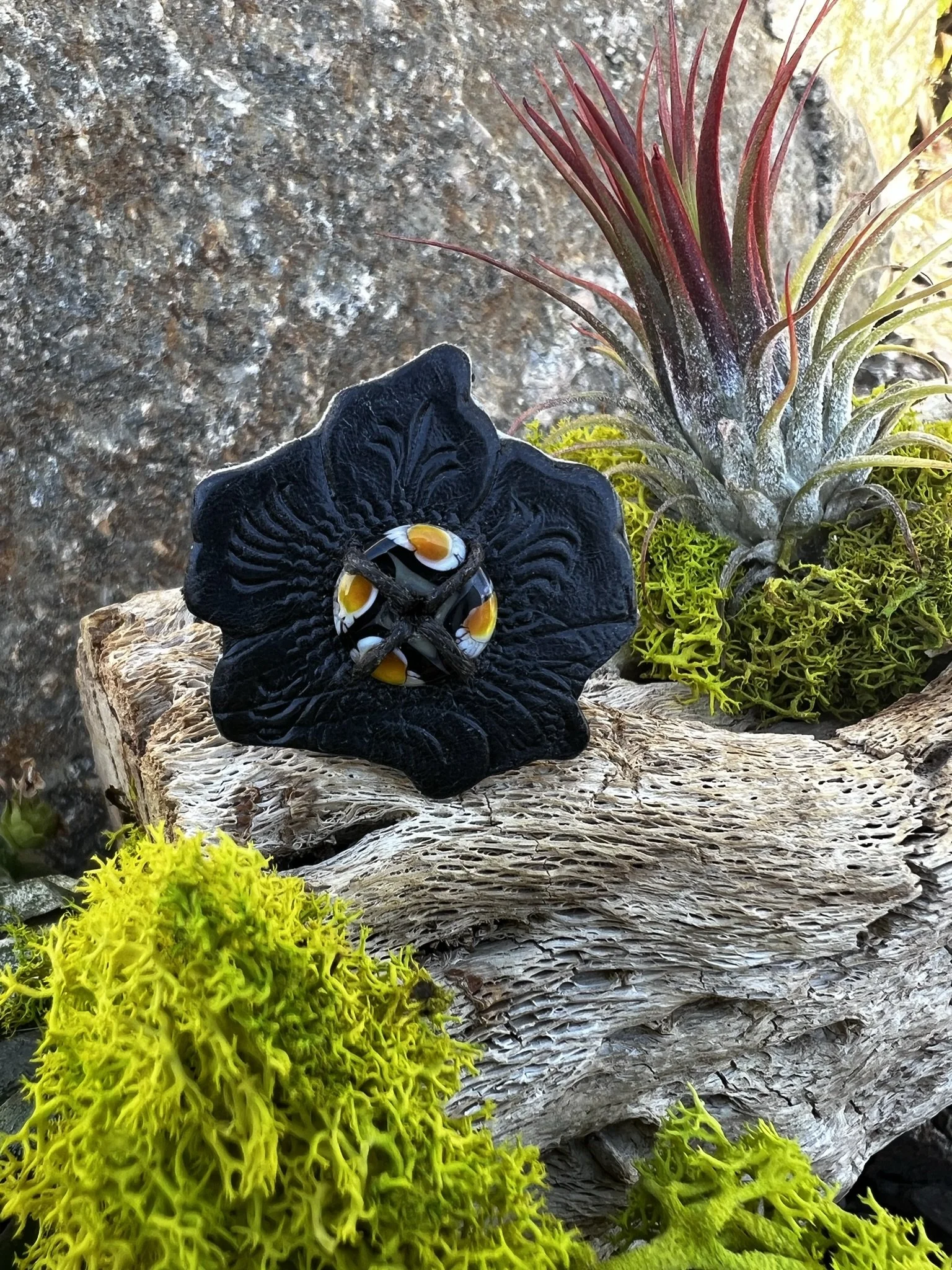 Leather flower boho ring