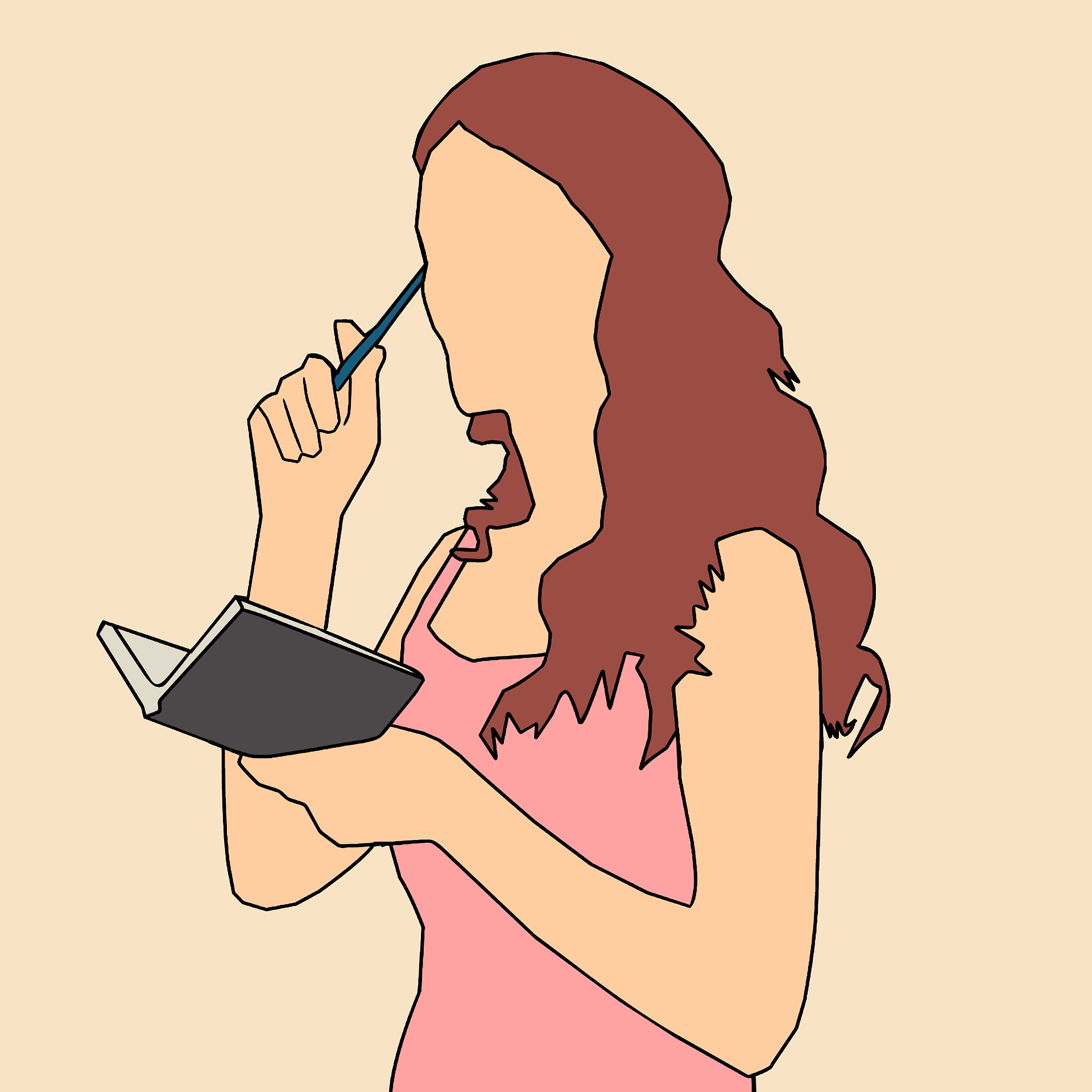 Red headed woman with a book in one hand and a pencil in the other.