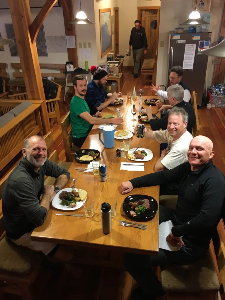 Another gang of tired, well fed skiers at Kokanee Cabin. Tom and Rob had the good fortune to work there together in 2016.