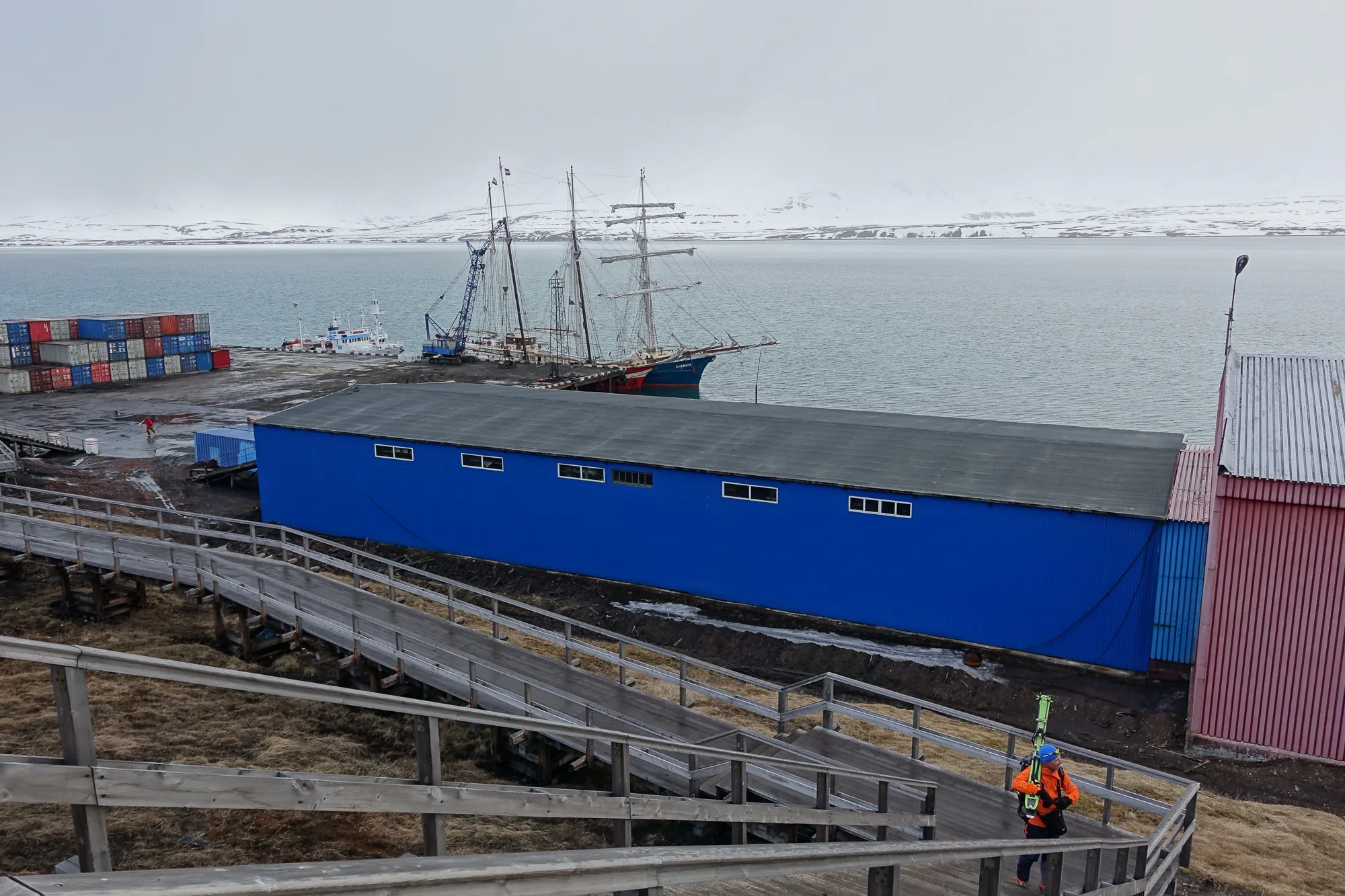 The 110-foot Noorderlicht, docked in the harbor at a Russian coal-mining outpost