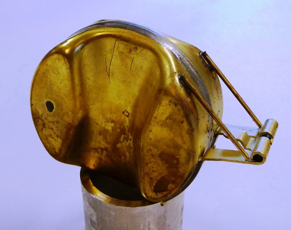 Fuel float blueprinted for OEM geometry, reinforced, hinge seam soldered and hinge axis resized.