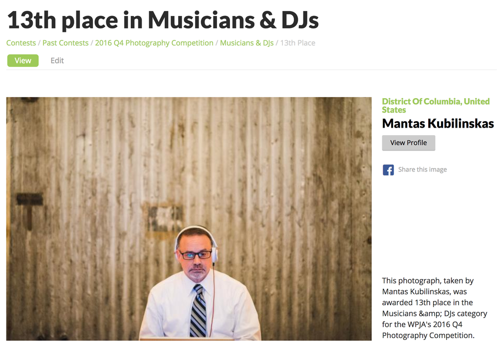WPJA award page for a musicians and DJs photograph