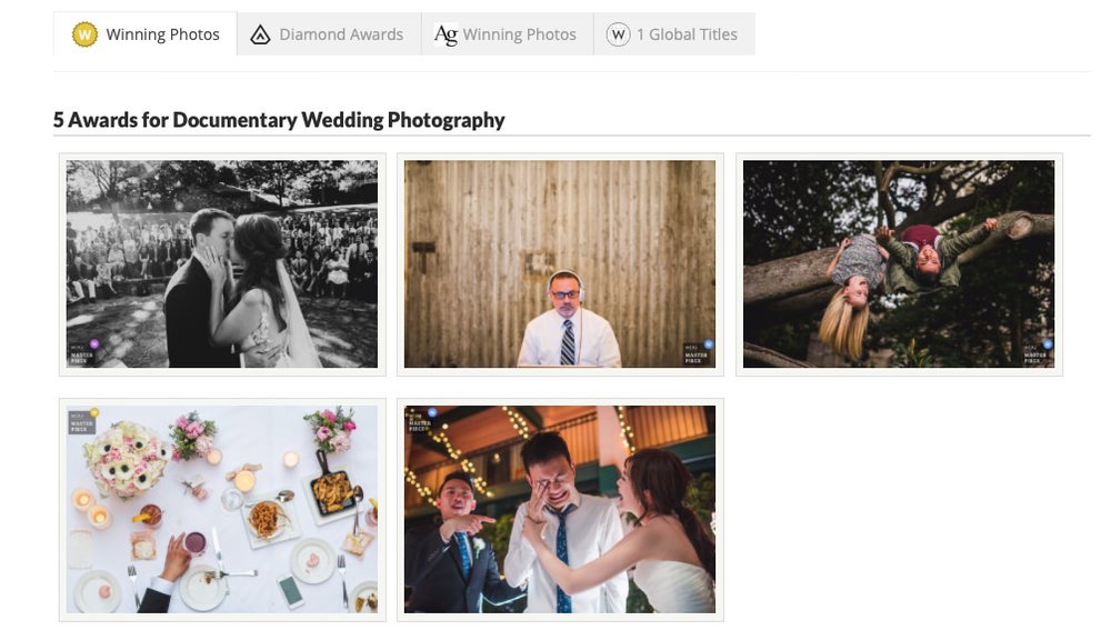 WPJA documentary wedding photography awards page with multiple winning photographs