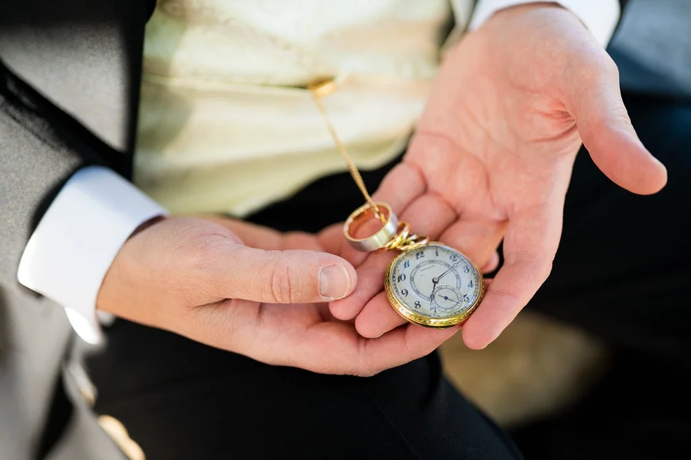 Vintage pocket watch detail photographed during a National Arboretum wedding in Washington DC