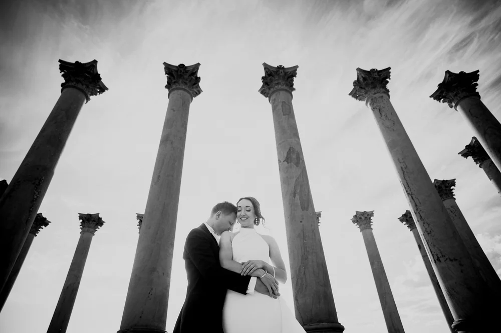 Dramatic black and white wedding portrait at the Capitol Columns at the National Arboretum