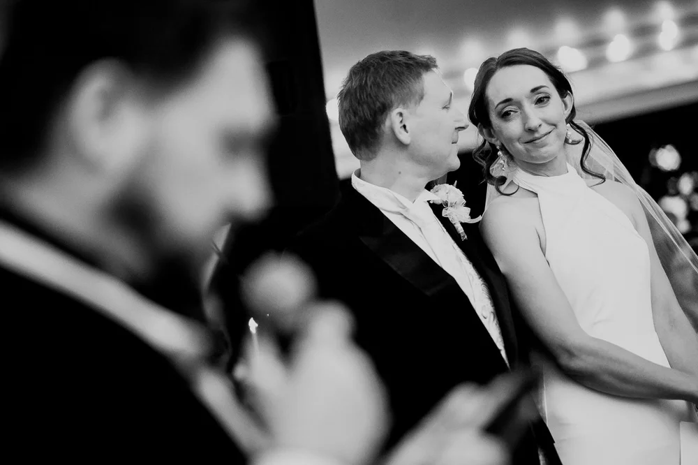 Black and white first dance photo during a National Arboretum wedding reception