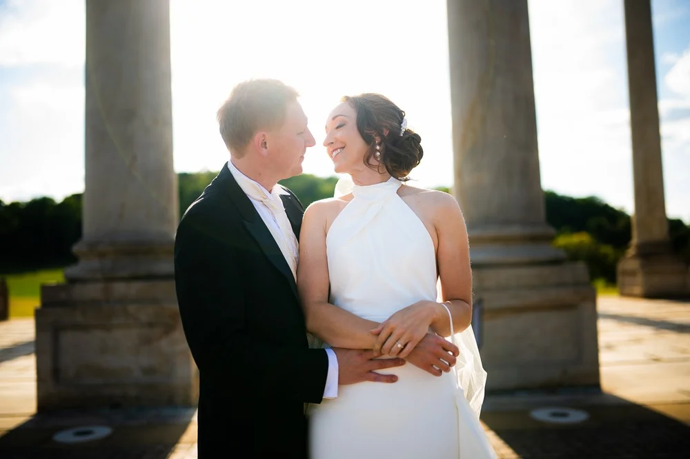 Golden hour bride and groom portrait at the Capitol Columns at the National Arboretum
