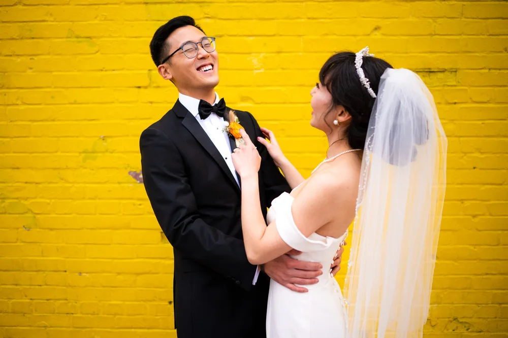 Happy wedding couple in Old Town Alexandria Virginia