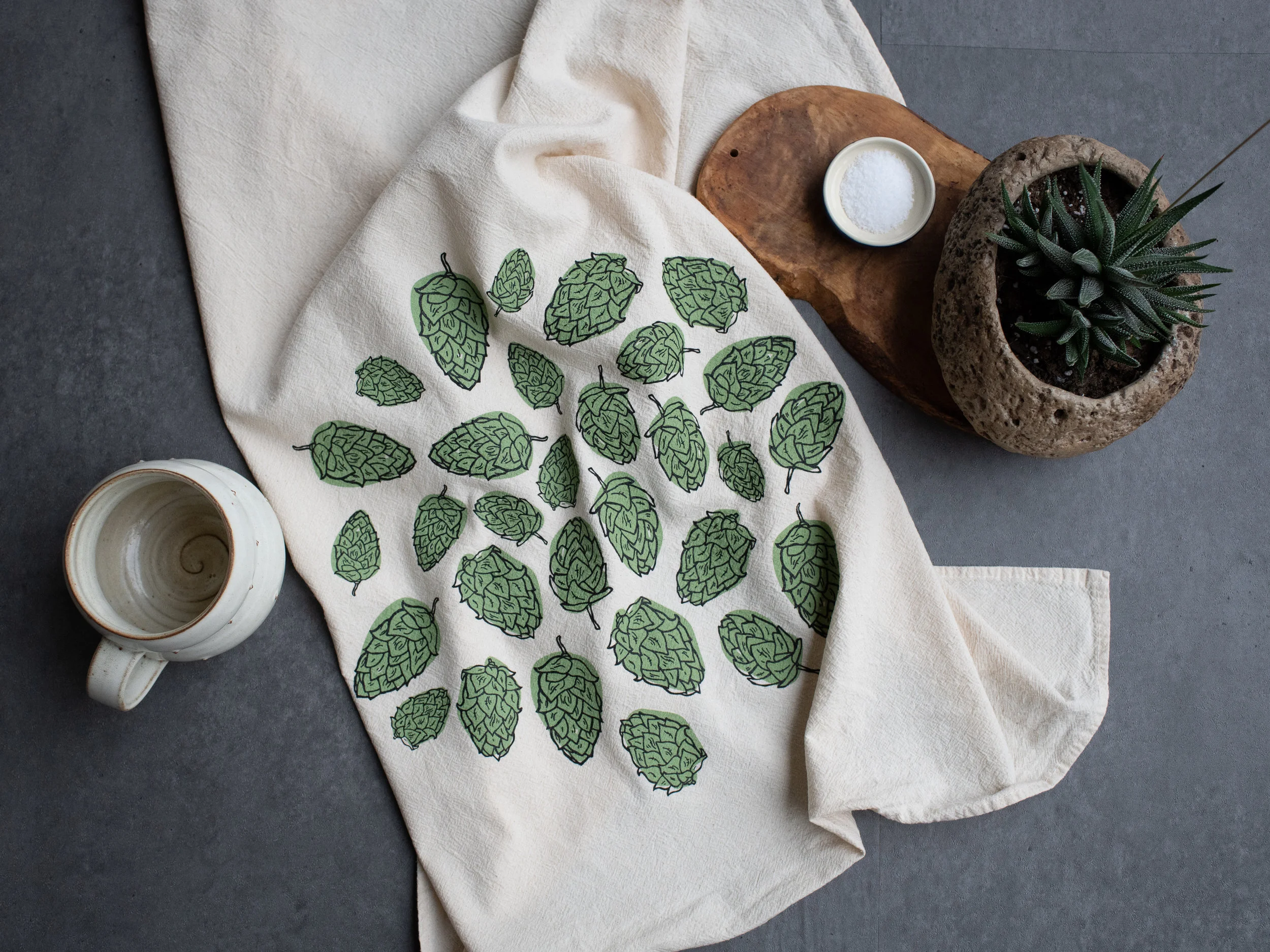 KTHOPS01 Hops Tea/Kitchen Towel $7 - Min: 2pcs Large two color screen print on 28x28" towel. 100% cotton flour sack, USA MADE.