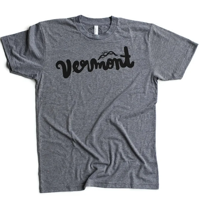 MSVT01 Vermont Script Unisex Tee - $13 Super soft Tri-blend heather grey tee Black ink screenprint Sizes: XS-XXL USAMADE