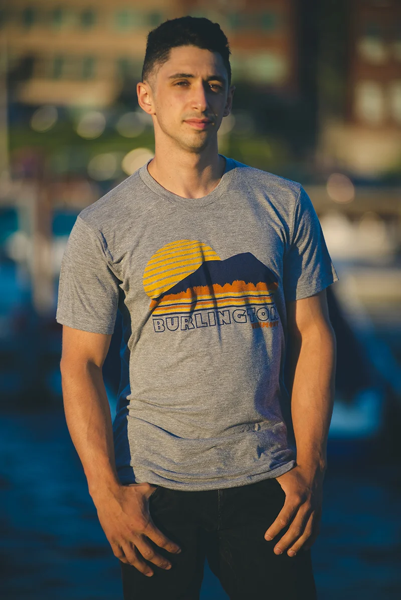 MSBTV01 Burlington Vermont Sunset-$13 Heather grey tri-Blend Unisex t-shirt Three color screenprint Sizes: Xs-XXL USA MADE
