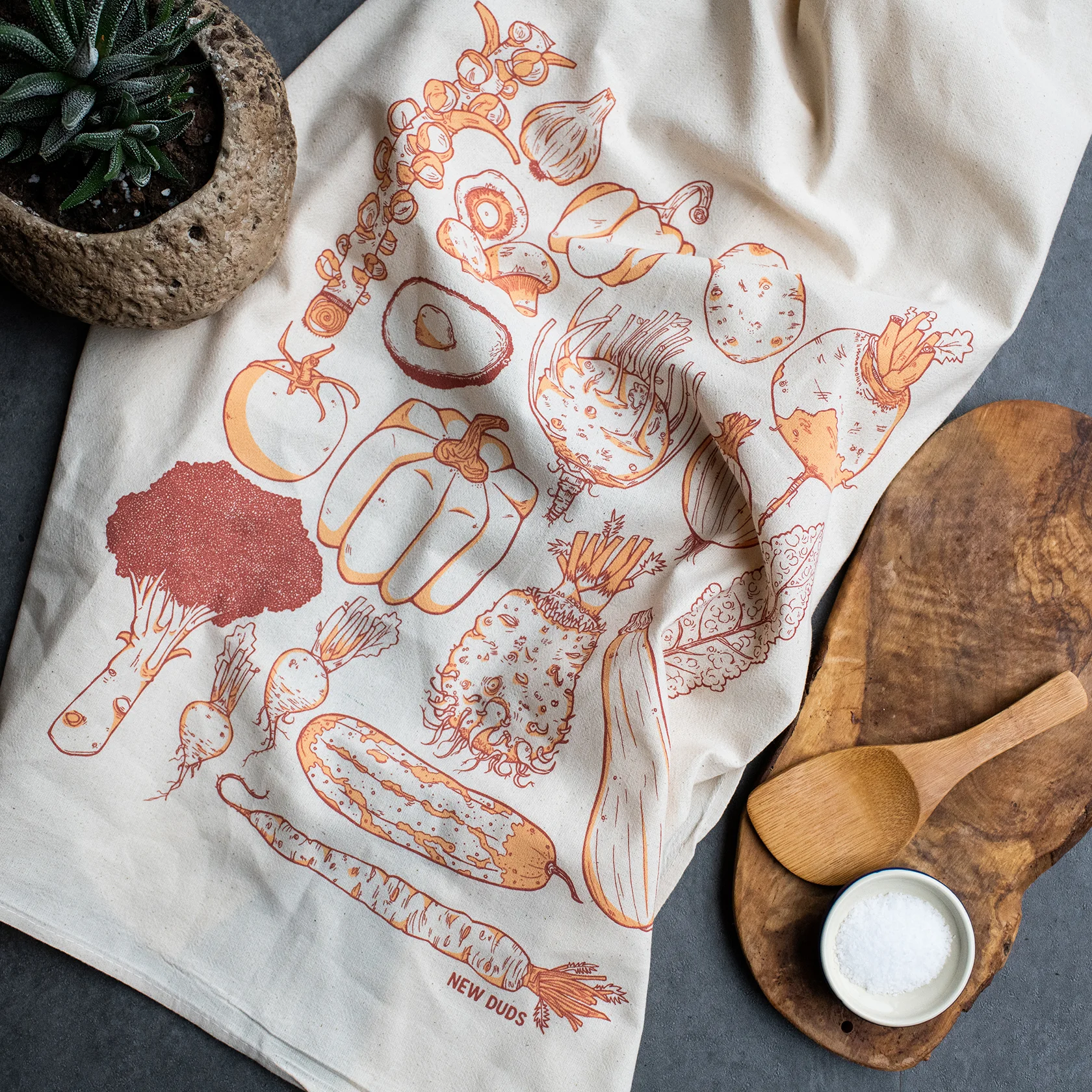 KTVEG03: ORANGE $7 Vegetables large kitchen/tea towel two color screenprint in orange tones on 28"x28" towel 100% flour sack cotton - comes folded with paper wraper USA made