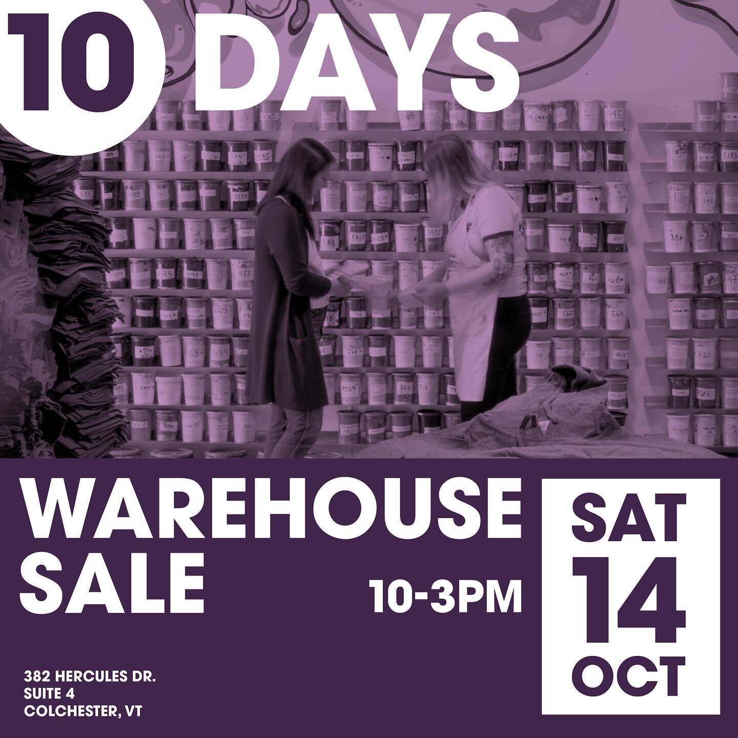 10 DAYS till the warehouse sale! We&rsquo;ll have food by @thecaracasvt, deep discounts on all New Duds merch, print your own tees, blank overstock apparel and friends like @wearebrainstorm selling their merch too! 10-3pm, parking in the back!