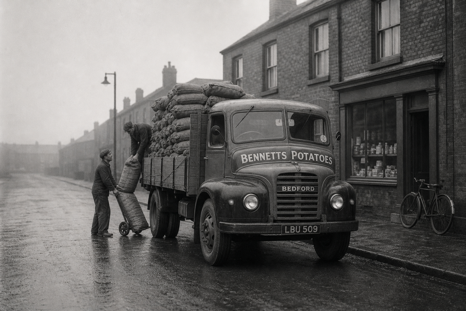 Black and white photo of two men loading potato sacks onto a vintage truck labeled Bennets Potatoes, parked on a wet street next to a shop with a bicycle outside, in an old town setting.