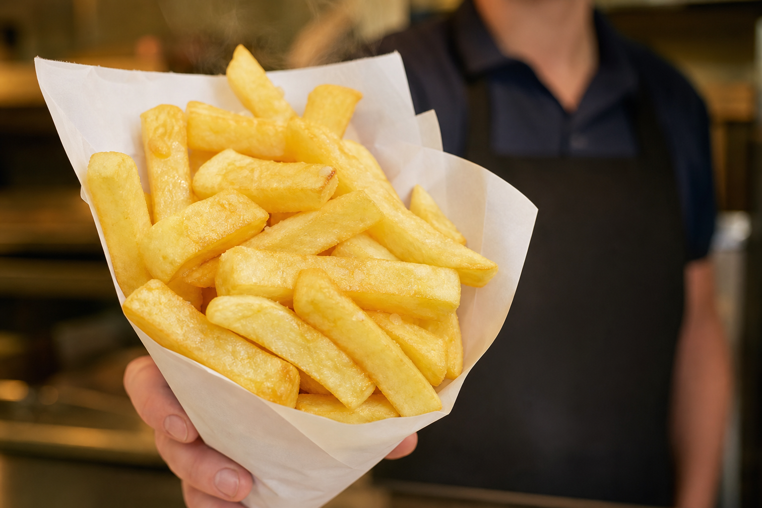 Person holding a paper cone of French fries.