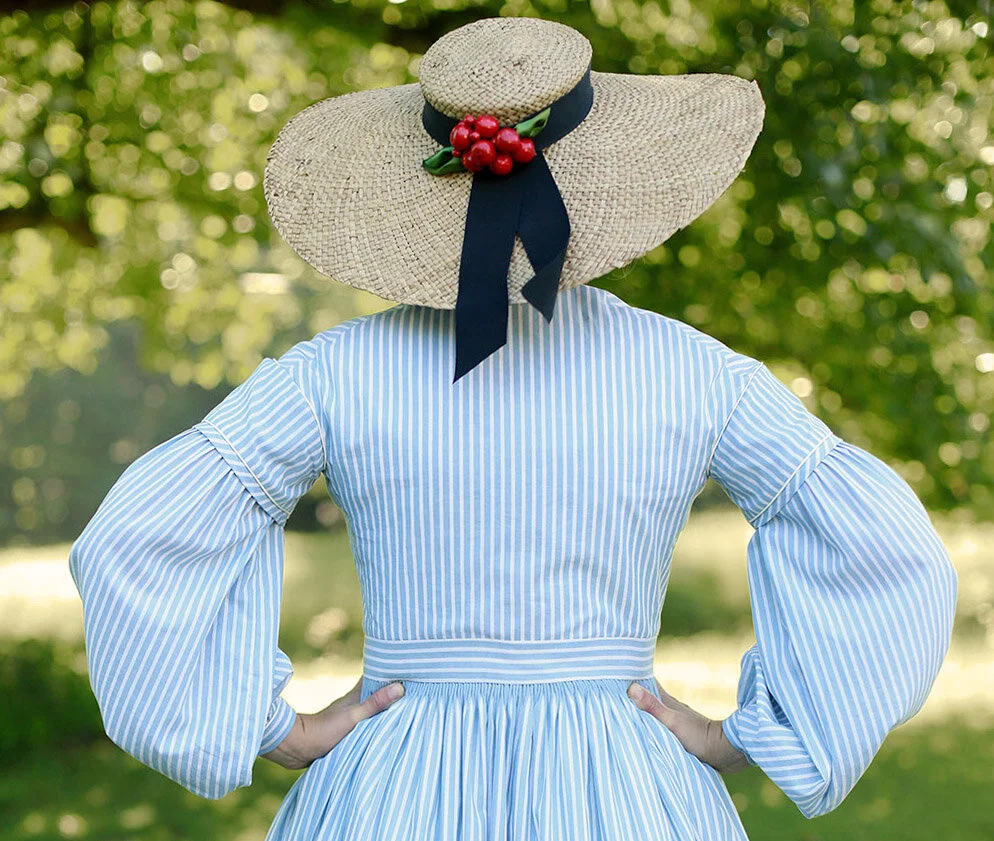 ORIGINAL Vintage Sun Hat with Gingham Bow Watercolor Painting Fashion