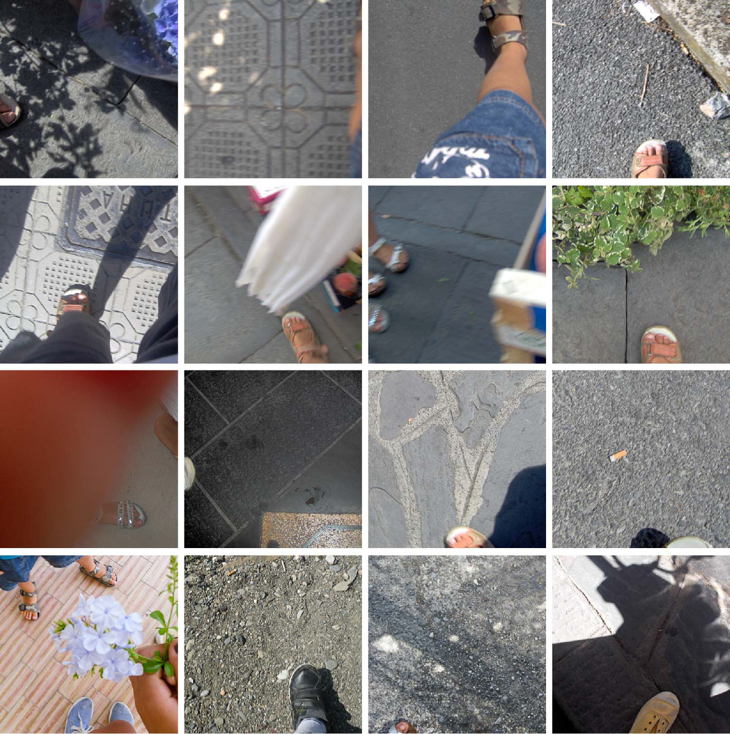 16 foto in cui si vede il piedino di chi sta scattando (invece che un autoritratto sono una specie di “autopiedino”).