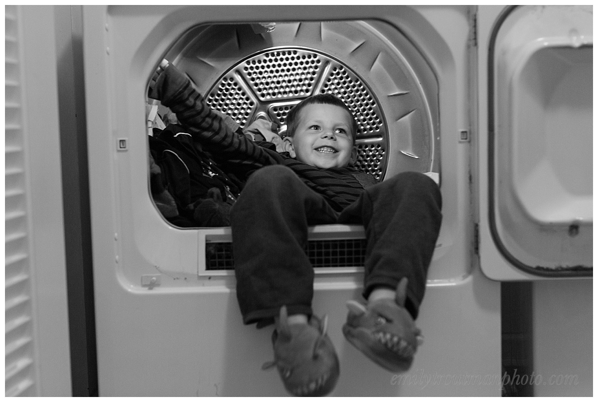 The dryer was just so warm he decided to hop in! I can't blame the kid!