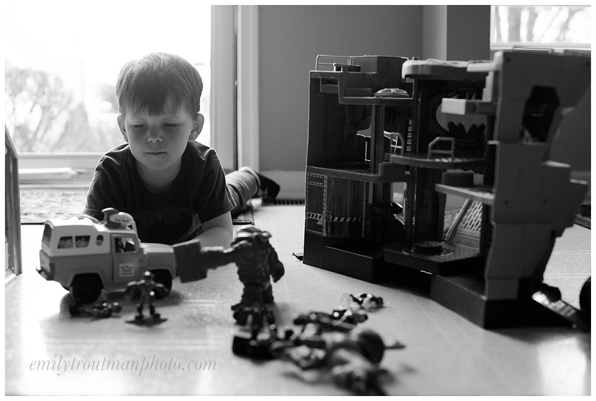 This was pre-haircut last week. He had set up his Batman cave and "joes," as he calls them by the front door to play. Loved the light and the angle. Sometimes in a family of 6, you have to get creative for where you can get yourself some space! 