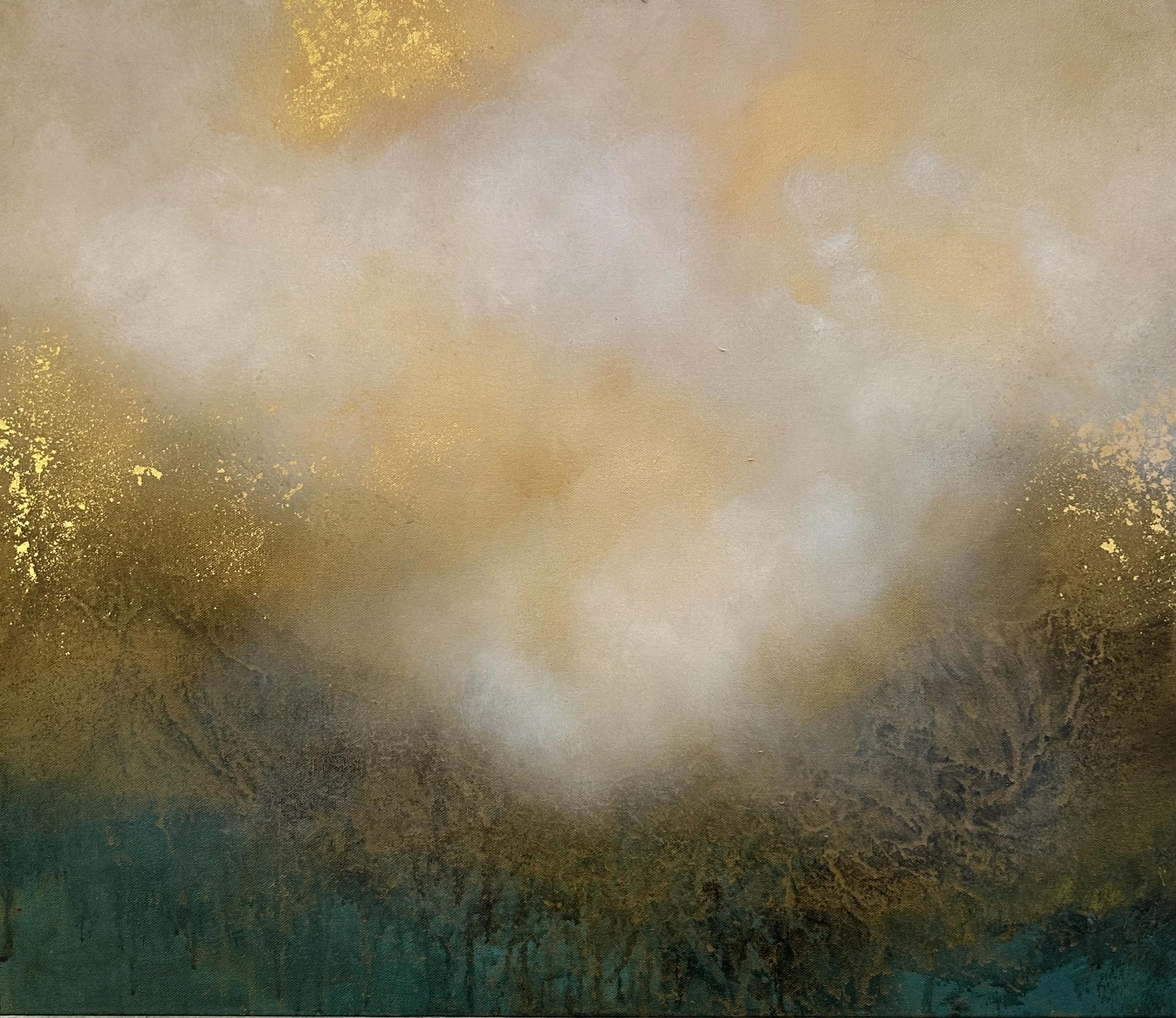 Abstract landscape painting with mountains, clouds, and sky in muted shades of brown, beige, gray, and teal, with gold accents.