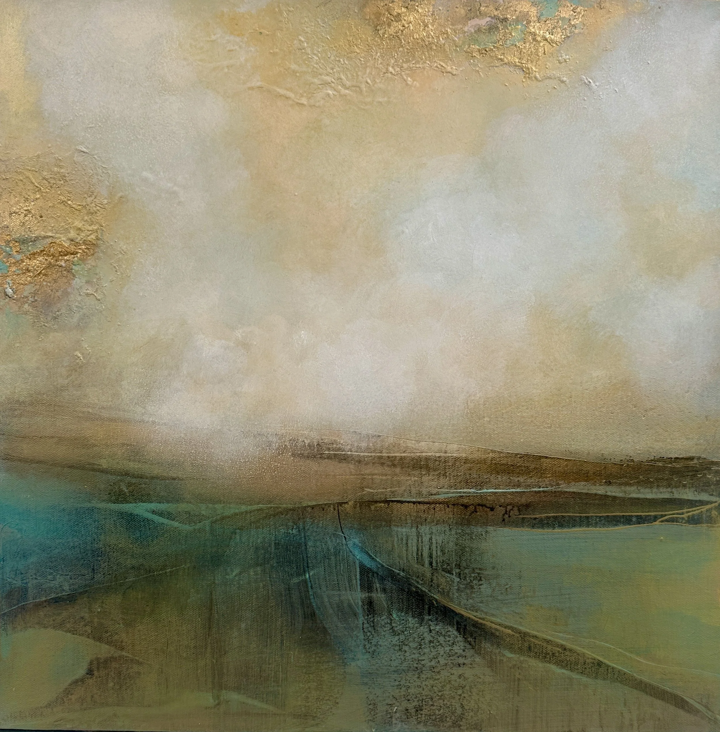 Abstract landscape painting with soft earthy tones of beige, brown, and muted greens, featuring a horizon line and textured sky.