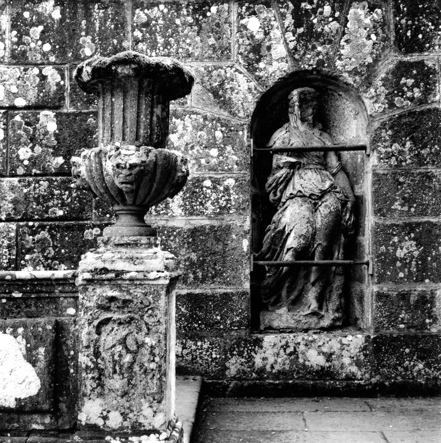 Urn and Statue with Lichens and Moss, Villa Lante