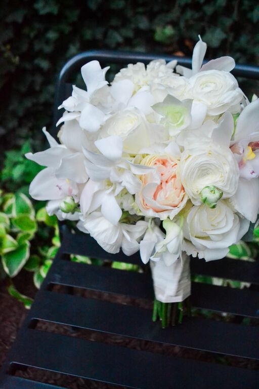 White Dendrobium orchid bridal bouquet. Rosehip Social, Brooklyn, NY.
