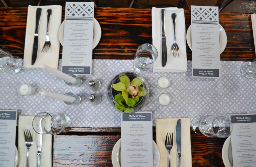 Green Cymbidium orchid centerpieces at MyMoon. Rosehip Social, Brooklyn, NY.