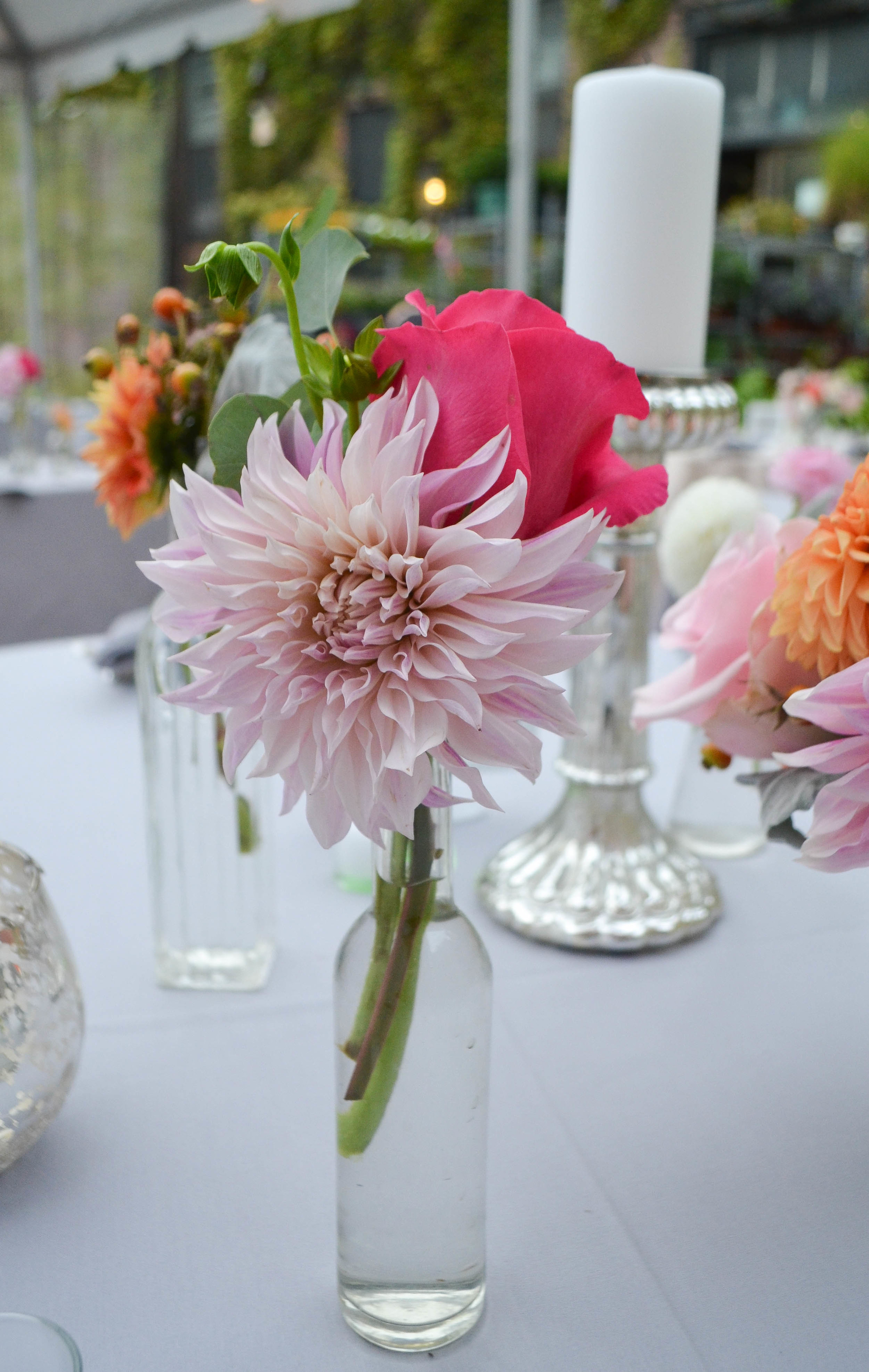 Bud vases filled with dahlias and garden roses. Foundry cocktail hour. LIC Wedding. Rosehip Social.