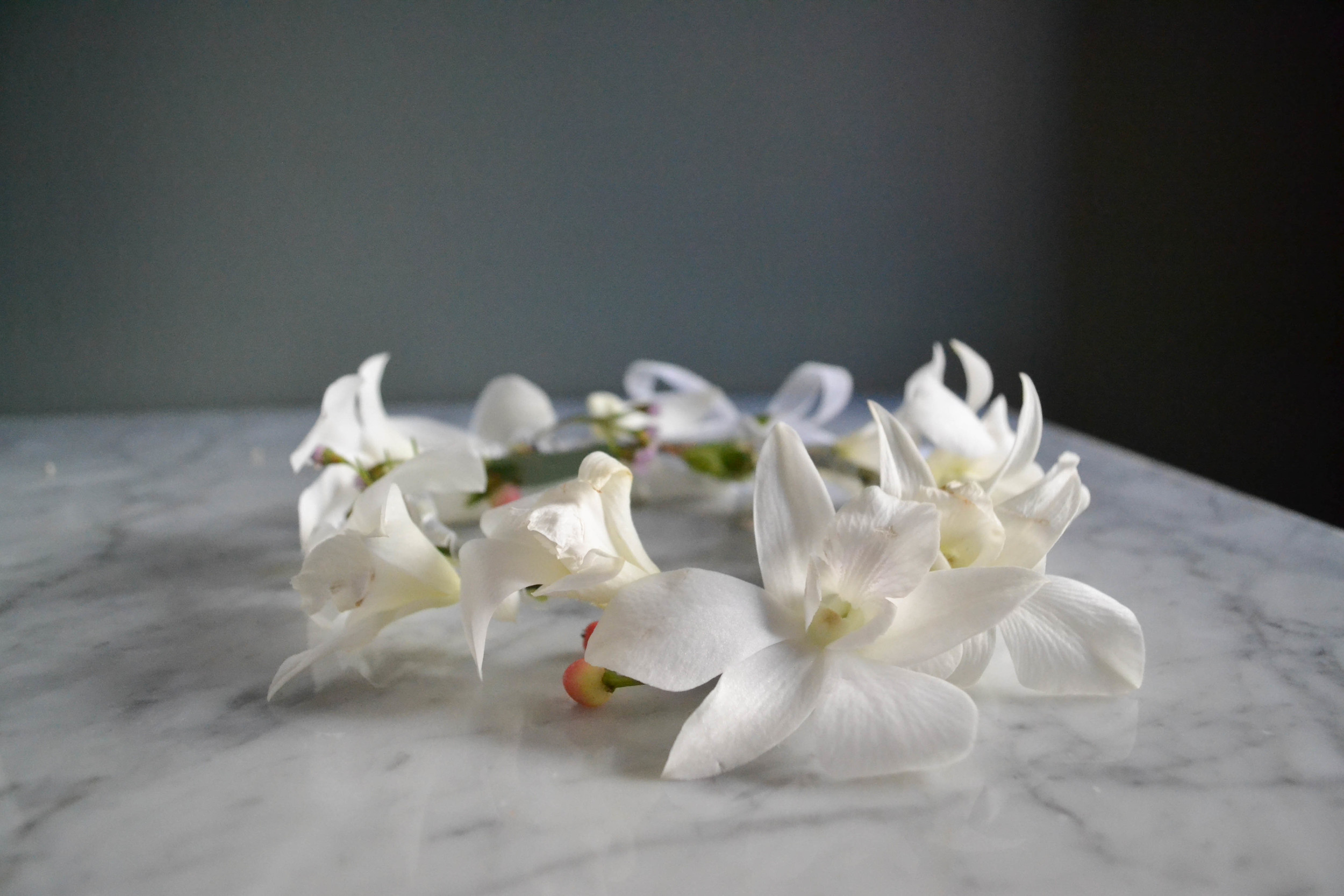 White Dendrobium Orchid Wreath. Inn at New Hyde Park Wedding. Rosehip Social. Brooklyn.