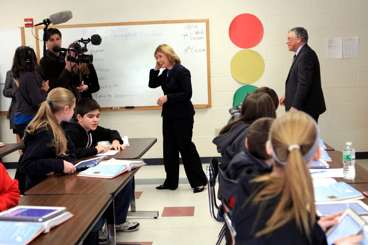  Gov. Hassan enjoys listening in on a seventh grade language arts class about Greek mythology at Pittsfield Middle/High School on Friday, January 17, 2014 &nbsp;Gov. Hassan visited the school to &nbsp;see its improvements to a more student-centered l