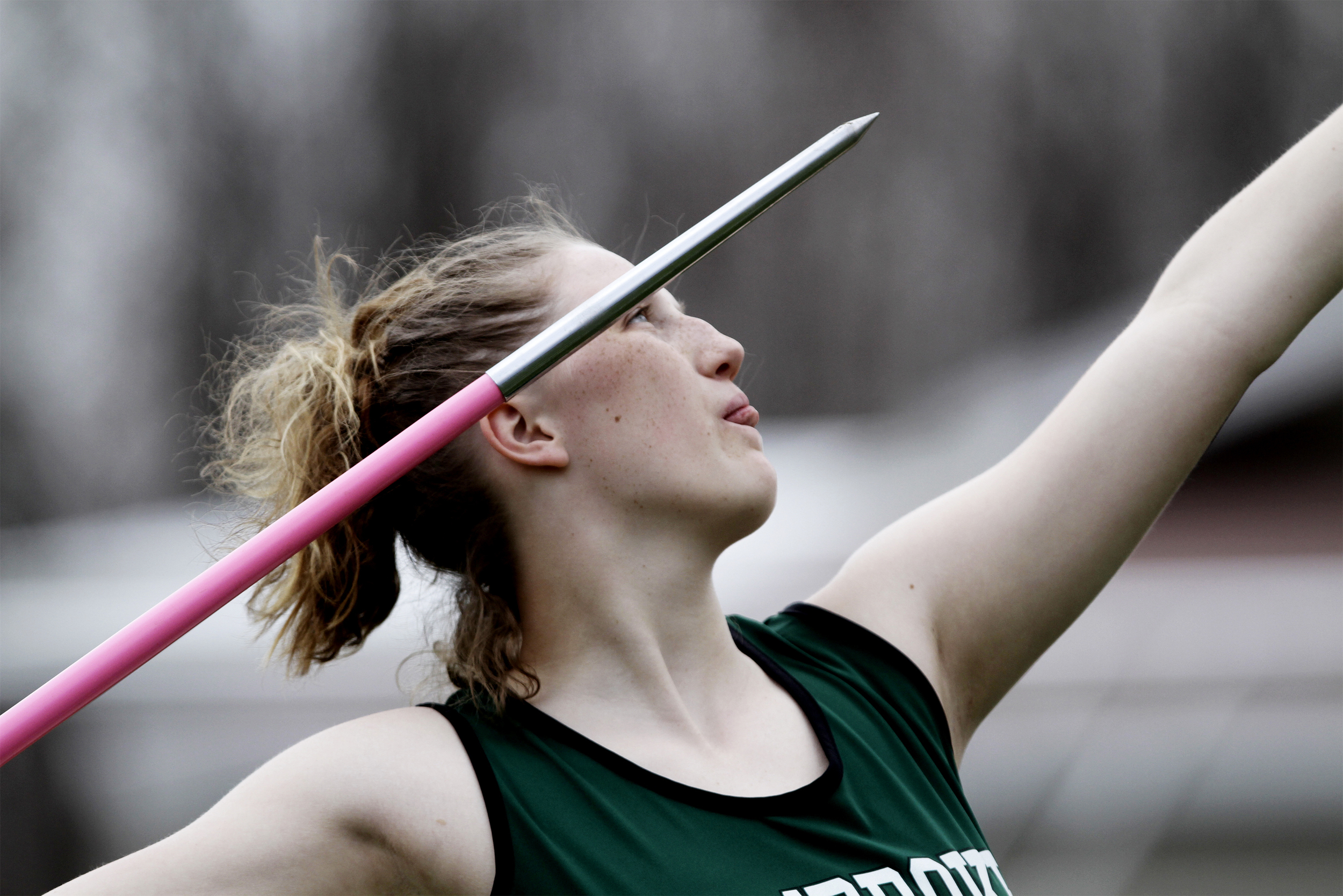  Pembroke Academy's Emily Carignan throws the javelin at the track meet in Pembroke, N.H.&nbsp;on April 22, 2014. 