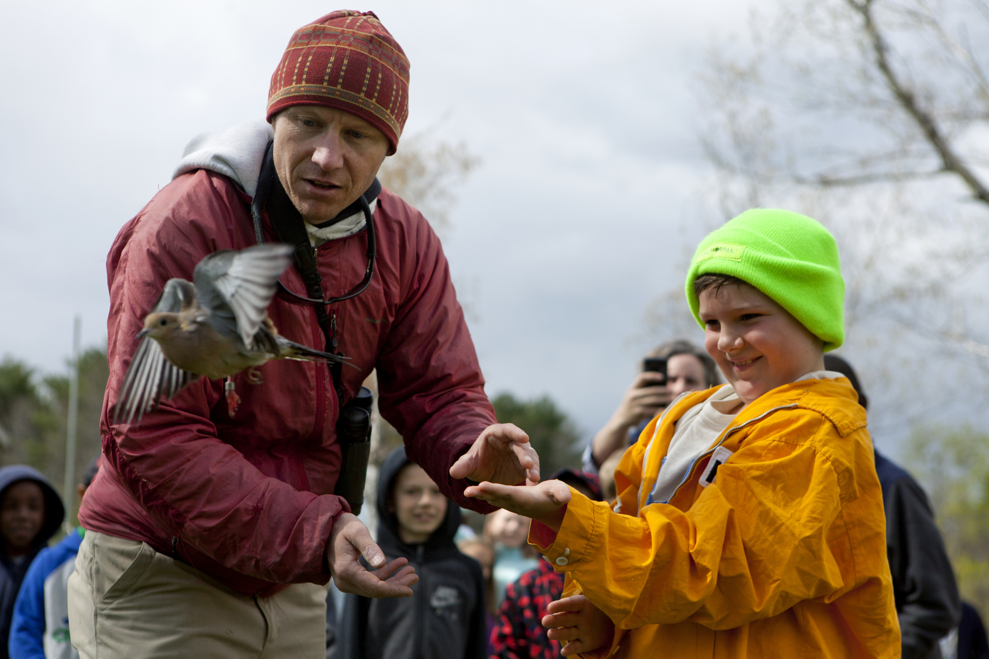  Biodiversity Research Institute's Patrick Keenan, and a Hall Elementary student release a Mourning Dove after it was banded and recorded by BRI volunteers in Falmouth, Maine on May 9. 