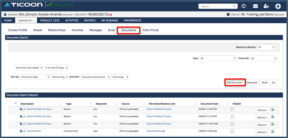 Advisors login to TicoonSales and add documents to their client's profile.