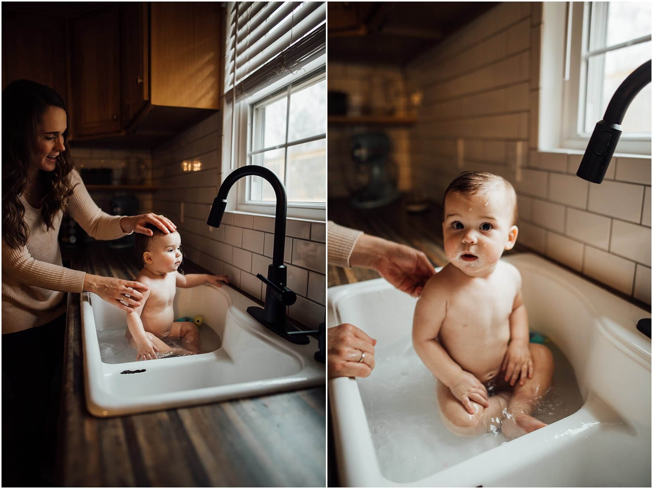Kelly lovan photography | one year photos | sink bath | baby in a sink | family photography | lifestyle photography | kelly lovan photography