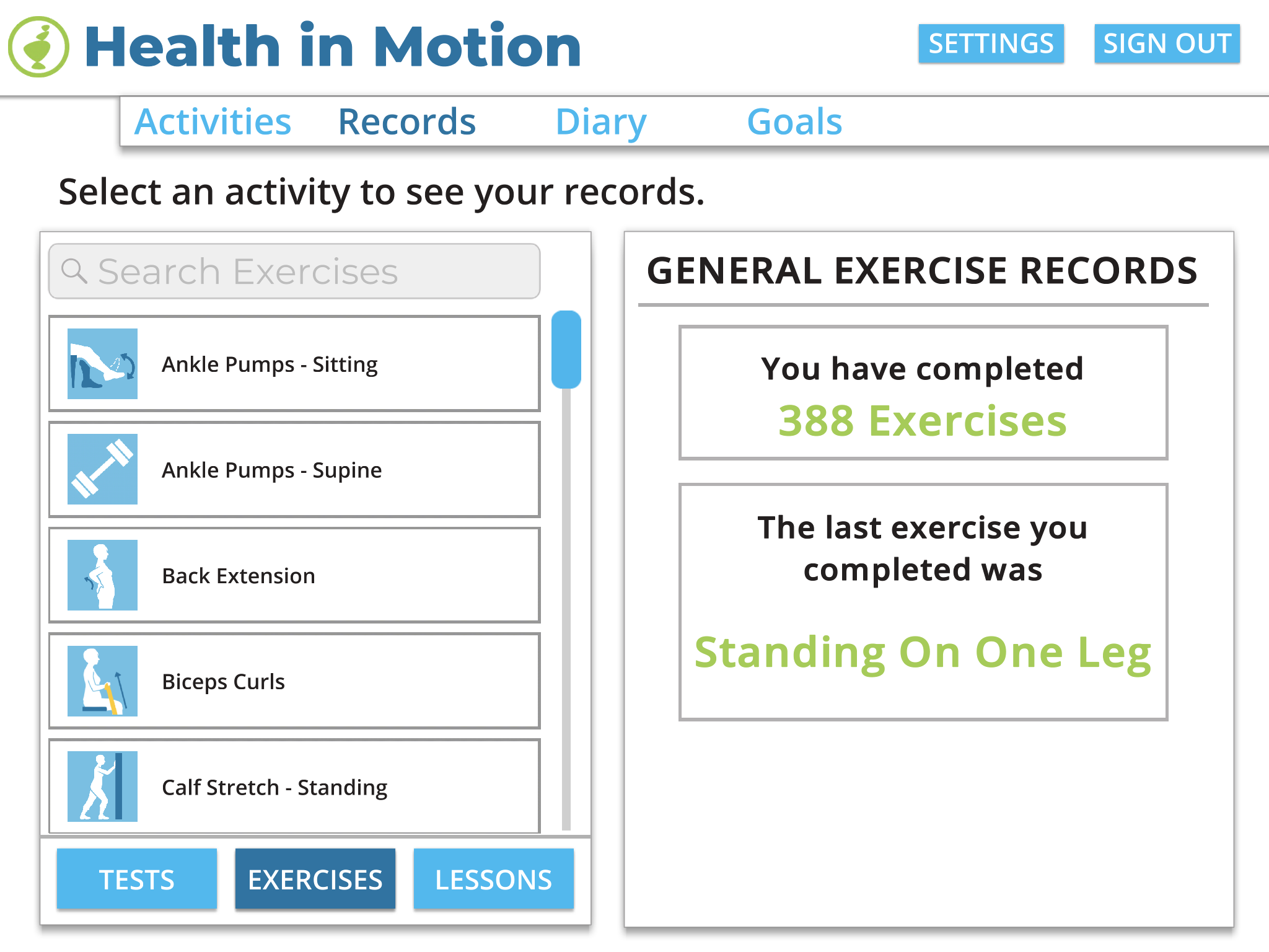  Stats of user’s previous completed exercises 