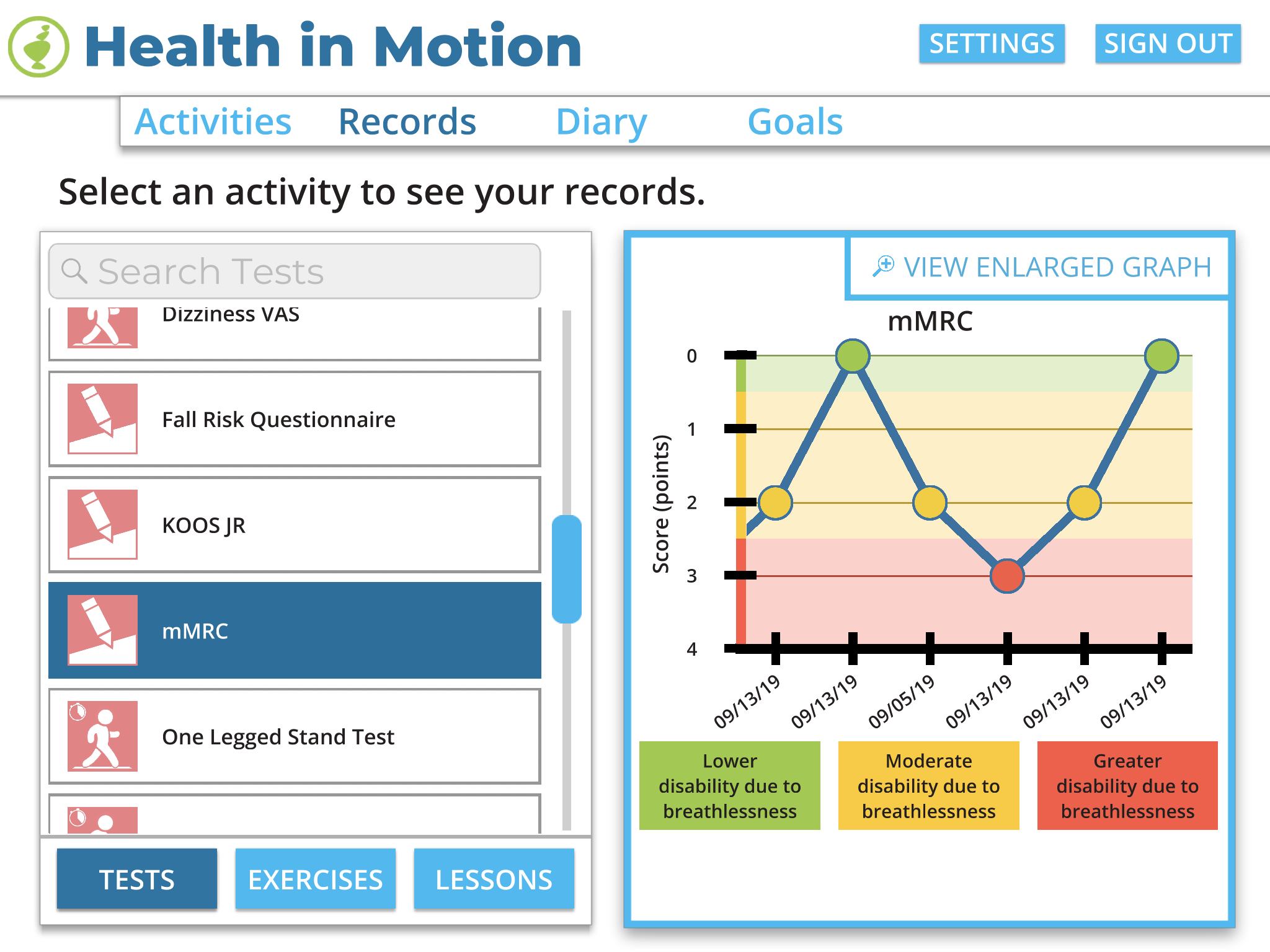  Records screen with user’s progression 