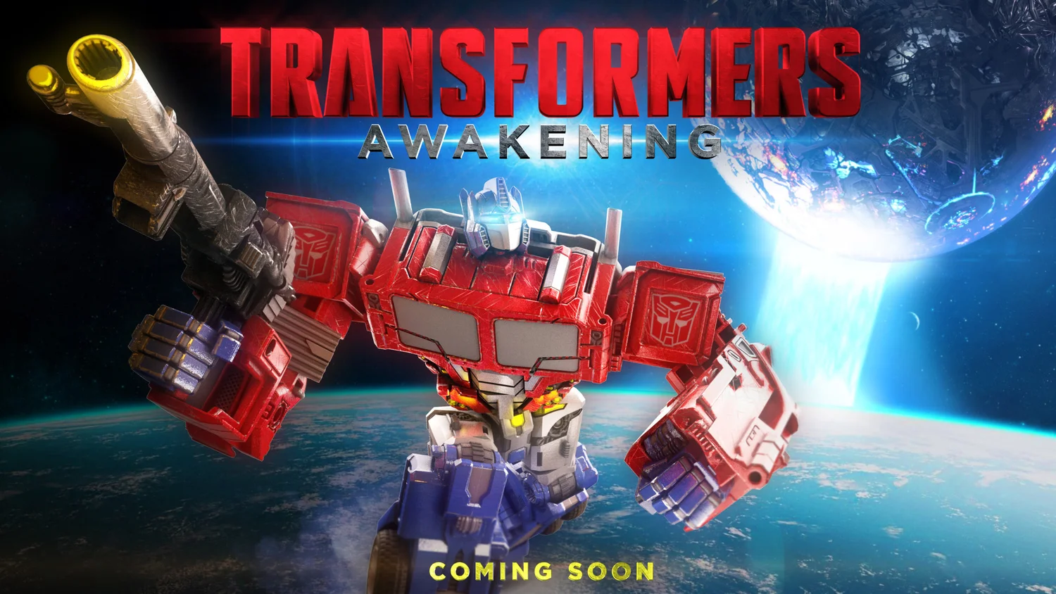 Poster for the movie Transformers: Awakening, featuring Optimus Prime in space above Earth, with the planet Earth and a cosmic background, and the text 'Transformers Awakening' and 'Coming Soon'.