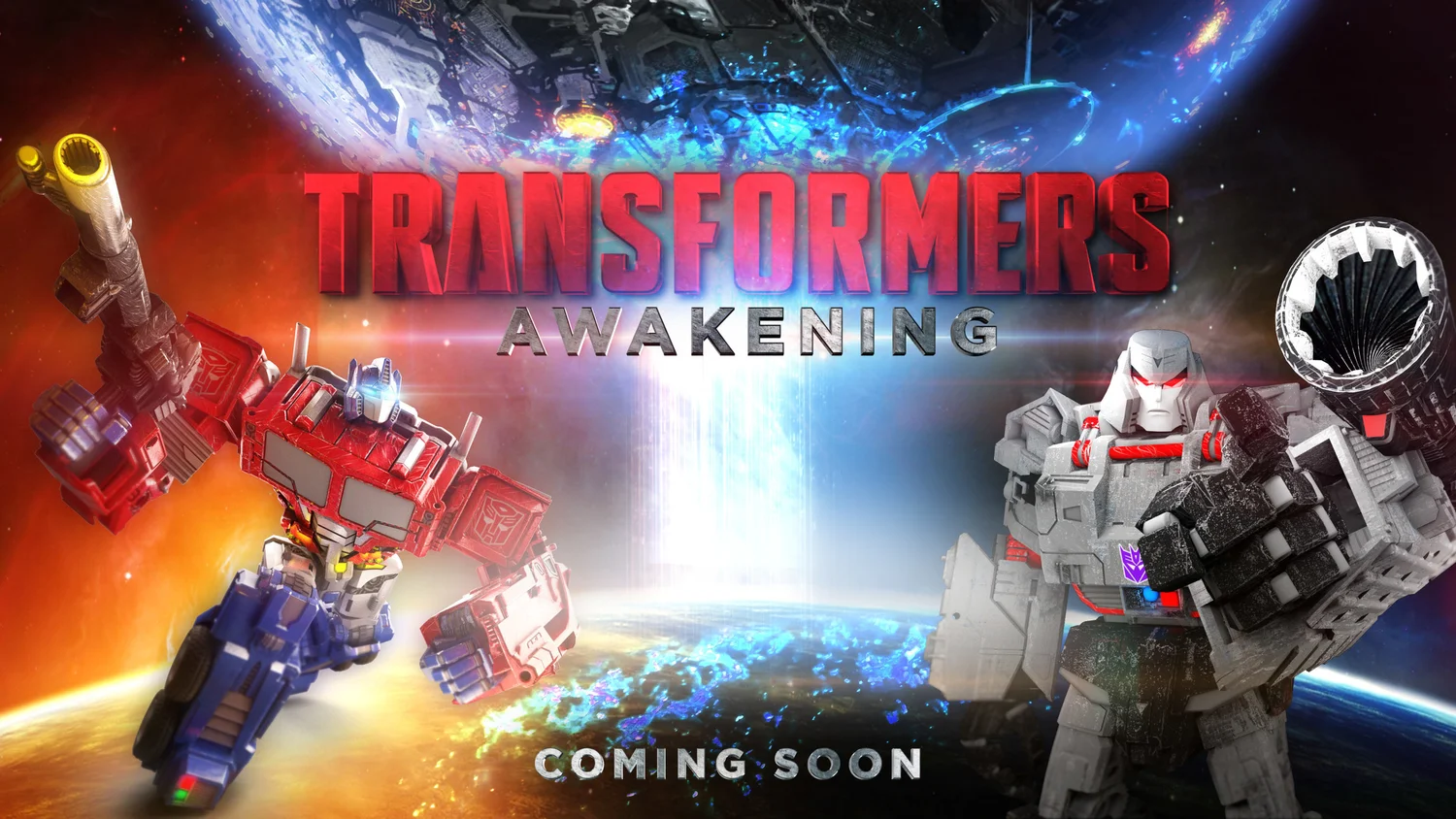 Promotional image for the movie Transformers: Awakening, featuring Optimus Prime on the left and Megatron on the right, with a background of Earth from space and the text 'Transformers Awakening' and 'Coming Soon'