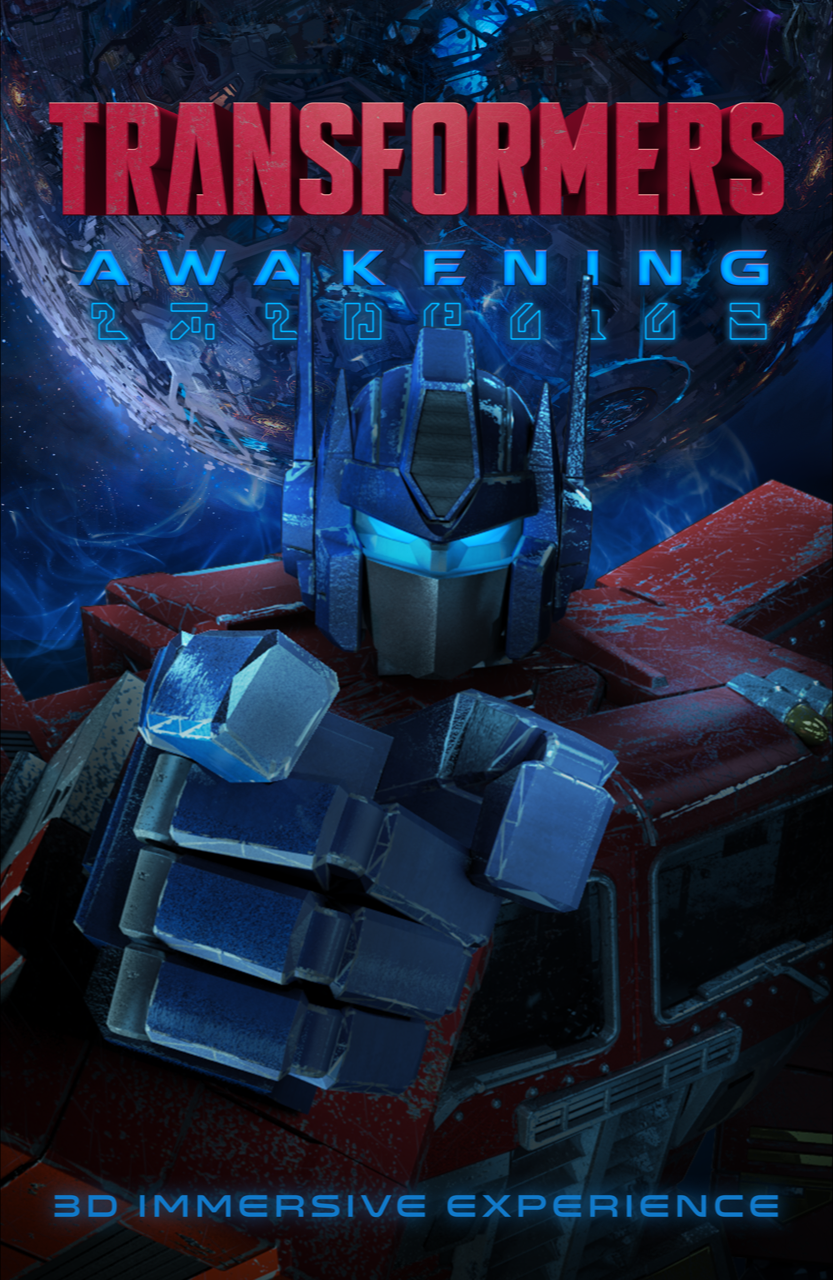 A promotional poster for Transformers: A Wakening, featuring Optimus Prime with a blue faceplate and glowing blue eyes, pointing forward from a damaged red truck. The background includes space elements and a futuristic digital display with data and s