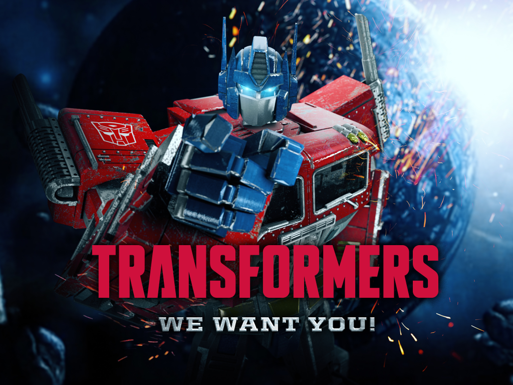 A promotional poster featuring Optimus Prime, a character from Transformers, with the text "Transformers We Want You!" in bold red and gray letters, set against a cosmic, fiery background.