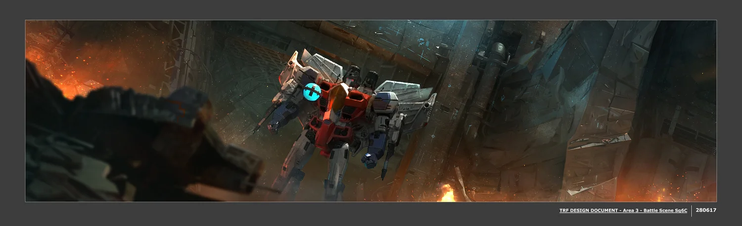A scene from a science fiction animation showing a large, detailed robot in space amidst a destroyed futuristic spaceship or space station with explosions and debris.