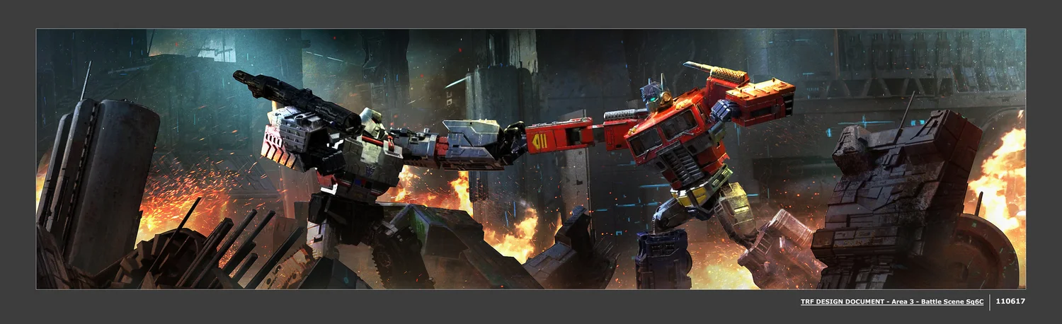 Two giant battling robots are fighting each other amid explosions and debris.