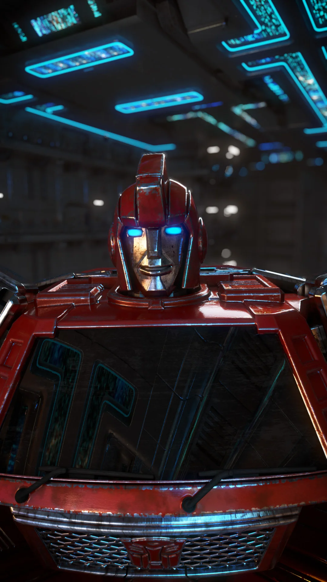 Close-up of a red robot character with glowing blue eyes and a smile, in a futuristic setting with blue lighting accents.